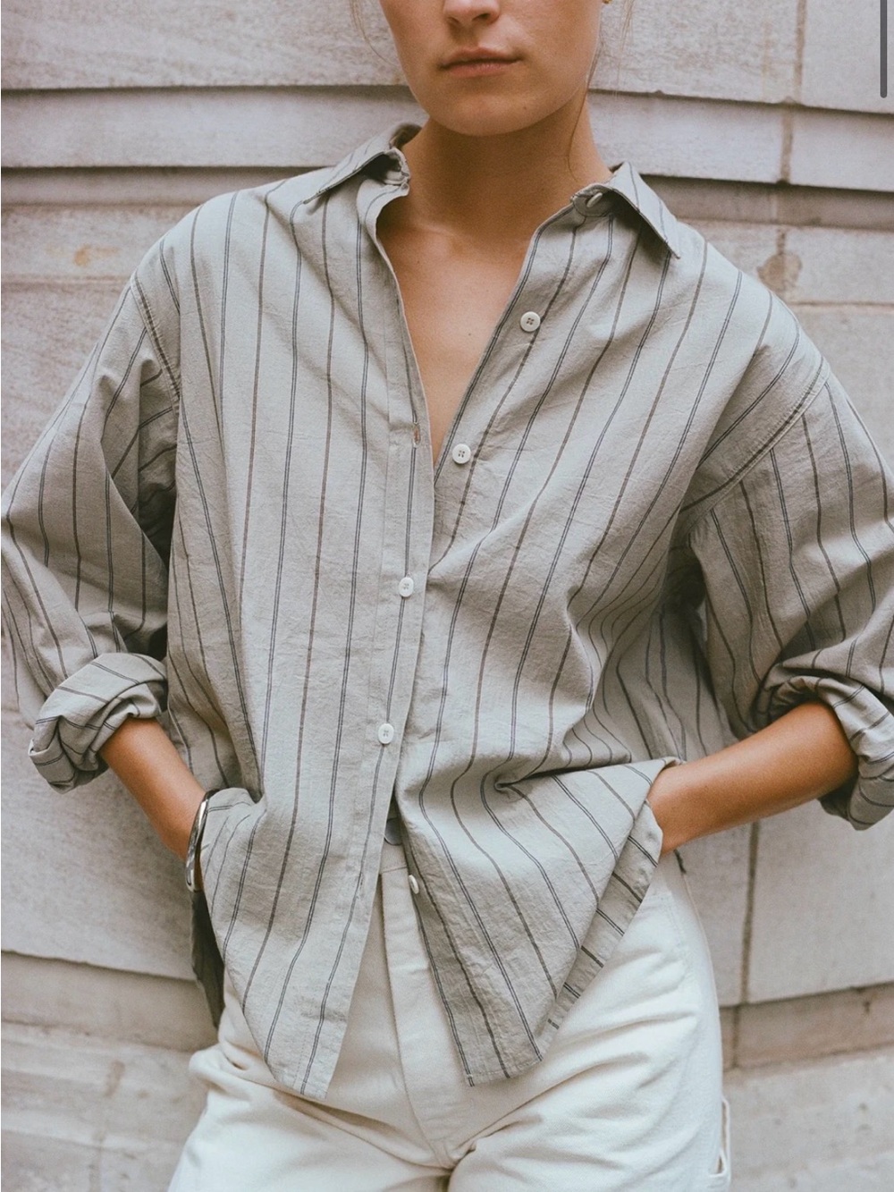 EUC Ozma Marcie Japanese Organic Cotton Shirt in Olive Stripe size XS/S